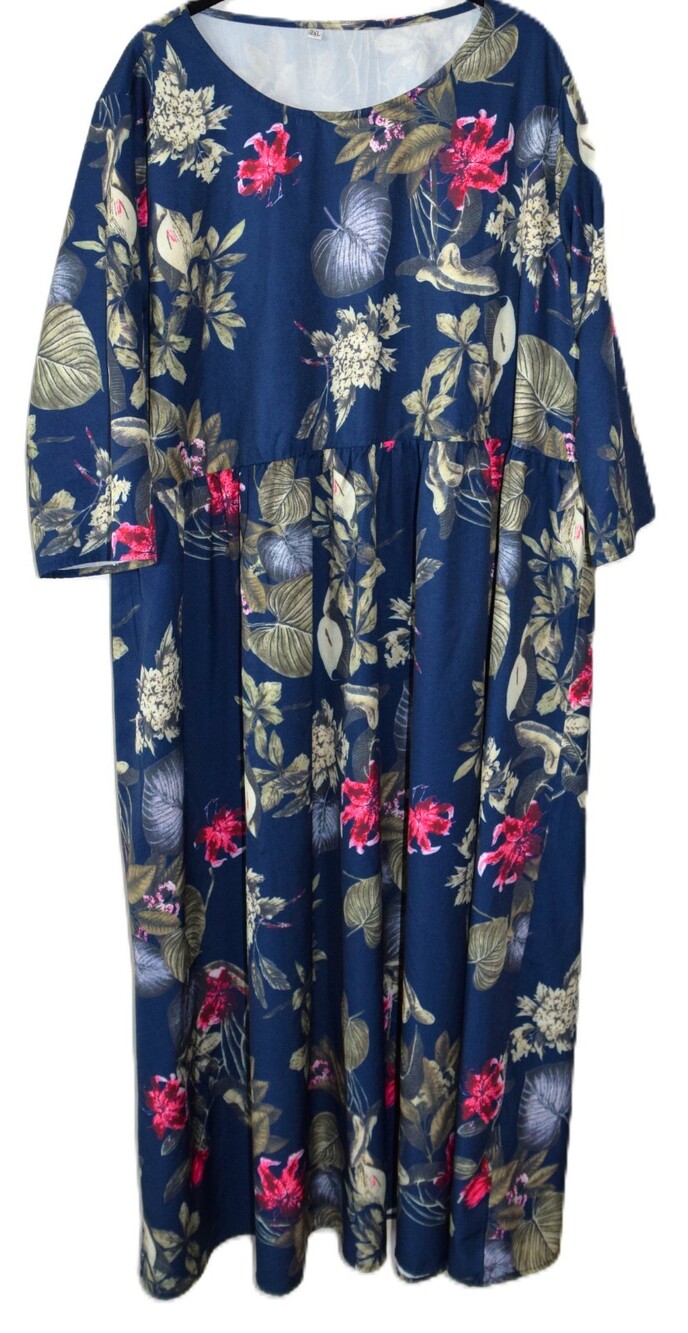 Womens Maxi Dress Blue Floral Print 3/4 Sleeve Empire Easy Care Plus 2X